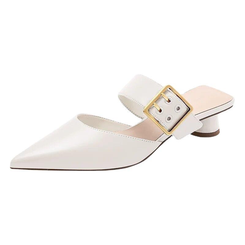 

Fashion 2025 Traf Belt Buckle Slippers Women Med High Heels Shoes Mix Color Leather Sandals Ladies Pointed Toe Slides Slip On Flip Flops 4.5 белый