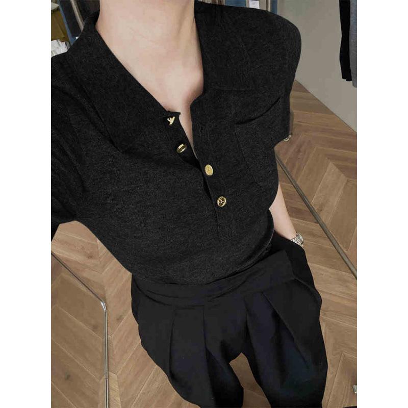 

Lapel gray short-sleeved knitted sweater women s new, summer slim-fitting and thin shoulder temperament top one size fits all чёрный