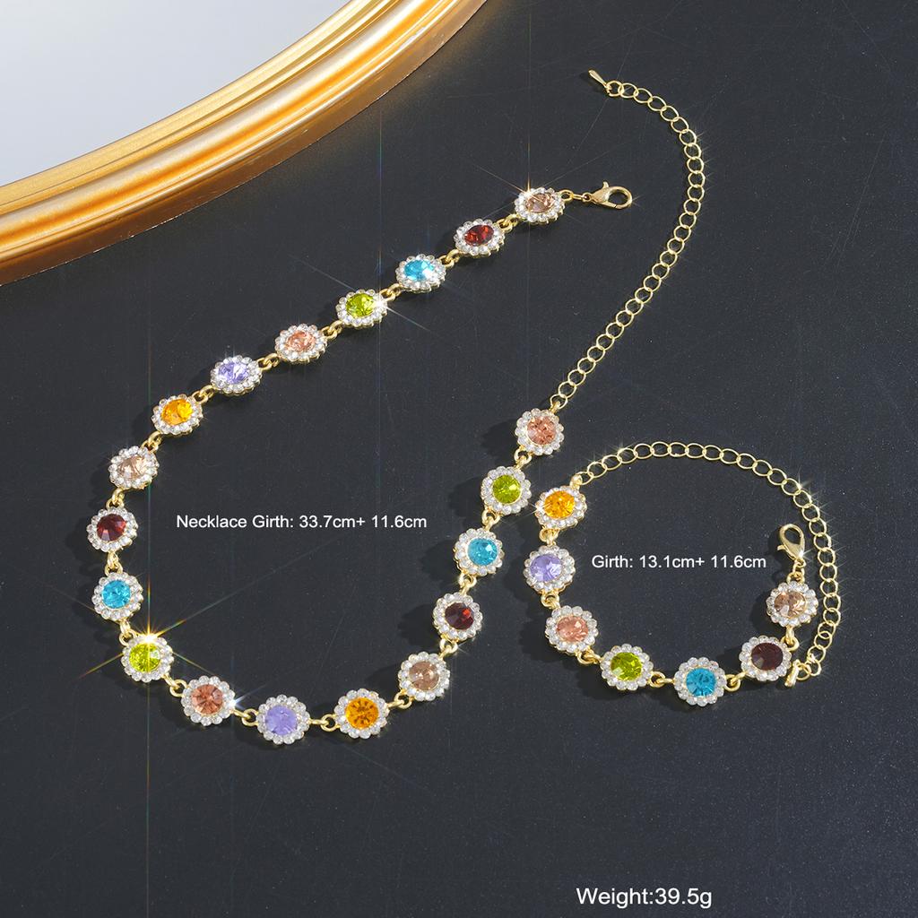 2PCS Colorful Zircon Necklaces Bracelets Sets Fashion Exquisite Flower Stainless Steel Jewelry For Women Daily Party Accessories