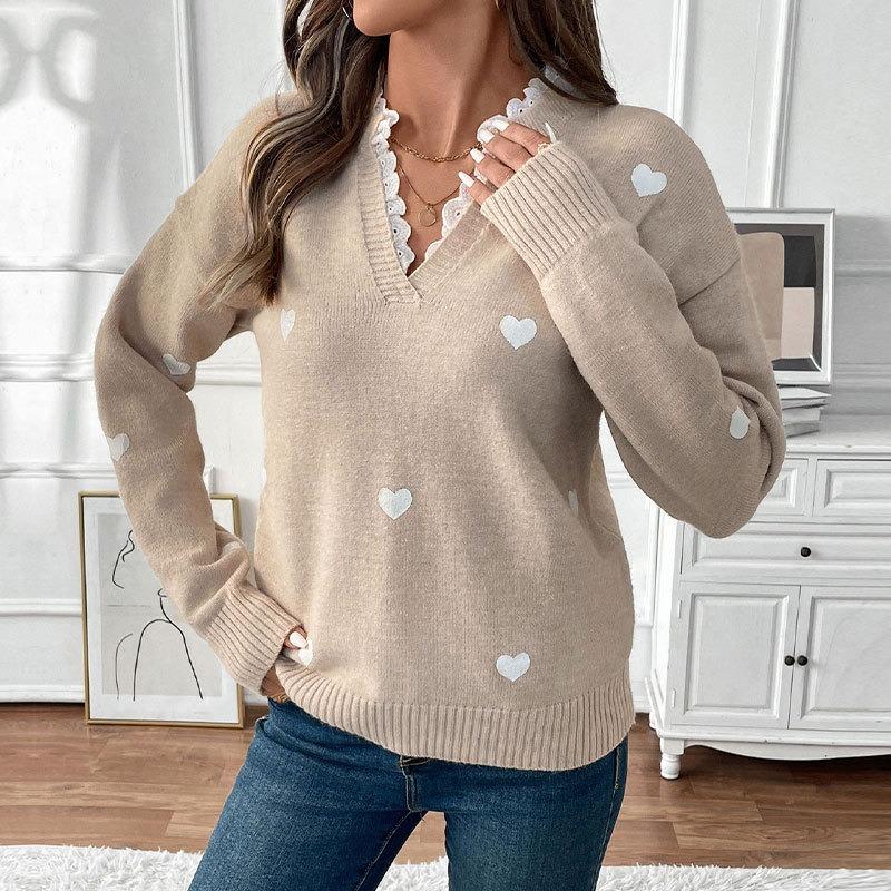 Women V Neck Heart Pattern Pullover Knit Sweater Autumn Casual