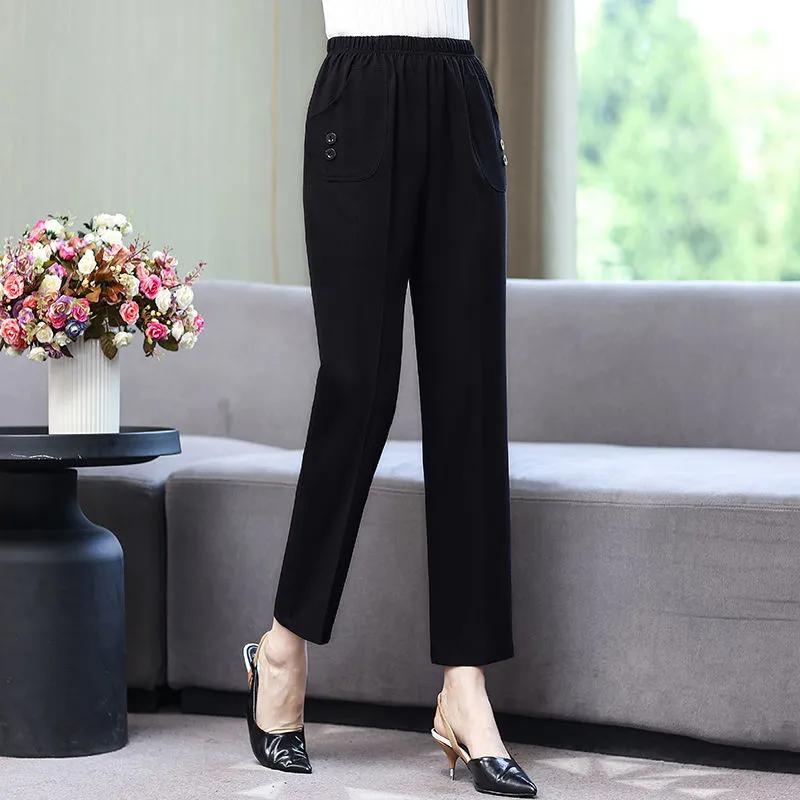 

Женские летние тонкие свободные повседневные брюки больших размеров, однотонные брюки с высокой талией для поездок на работу в девять минут S чёрный