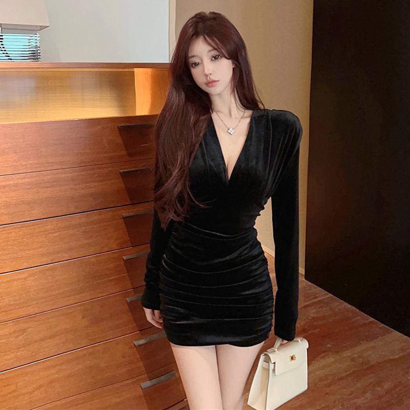 

Женское чистое желание сексуальное платье с V-образным вырезом и складками из тонкого бархата S чёрный