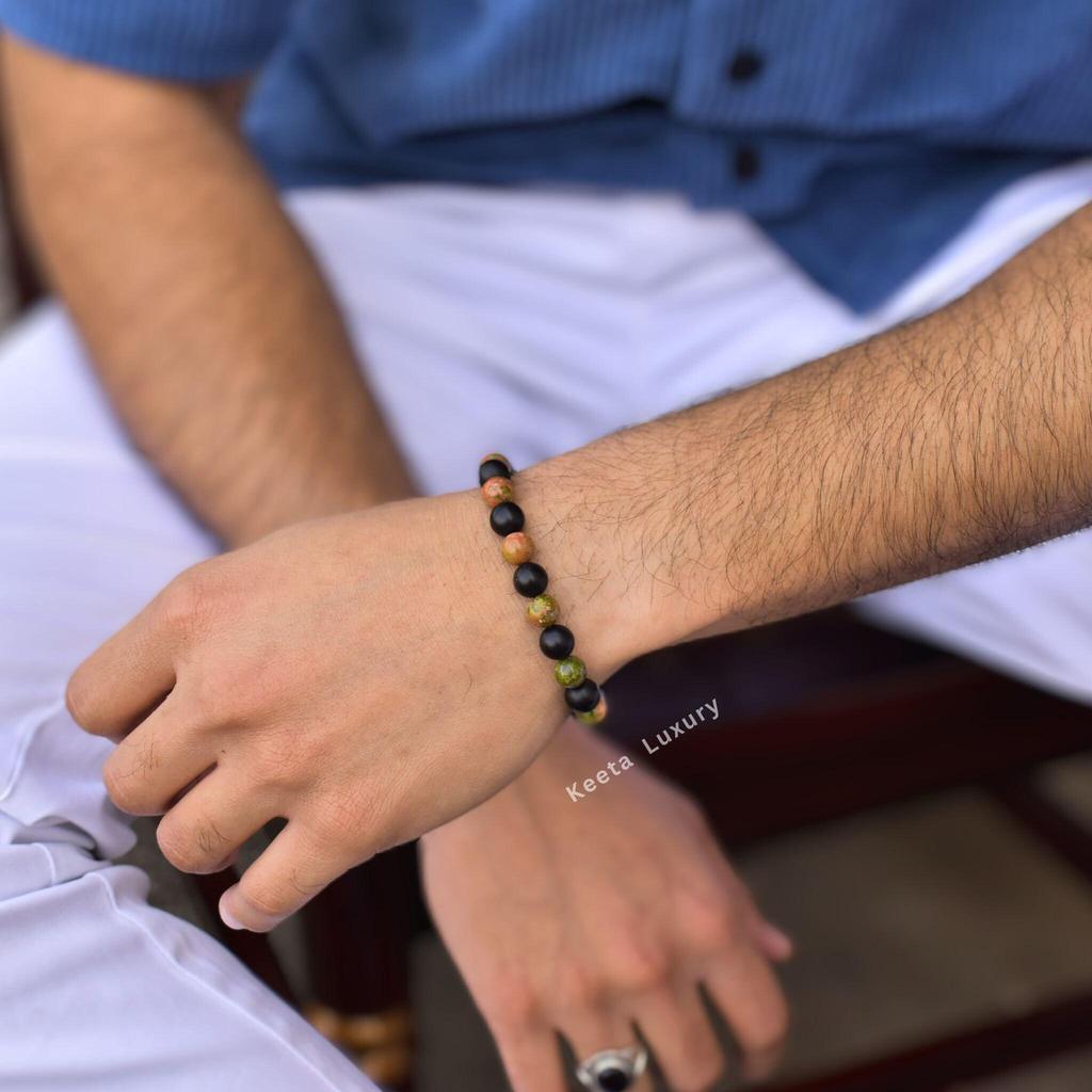Natural Unakite and onyx beaded bracelet Healing Gemstone Bracelet Stretchable Beaded Stone Bracelet for men Unique friendship bracelet