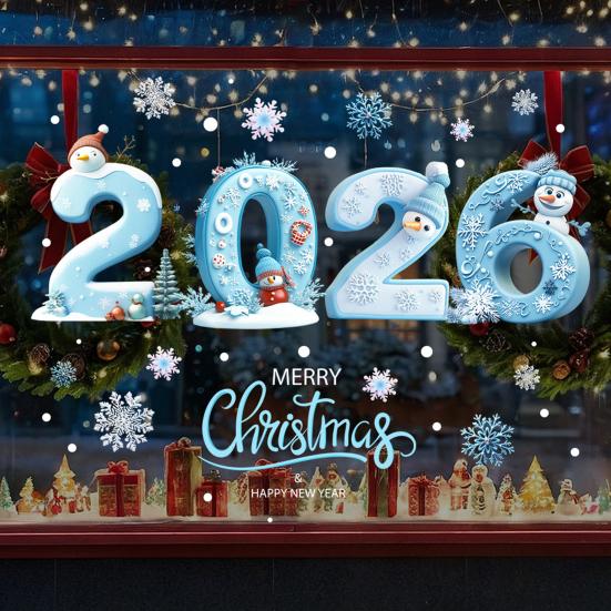 2026 Merry Christmas Window Cling Removable Waterproof PVC Winter Christmas Happy New Year Static Glass Sticker Holiday Party Decoration Decal