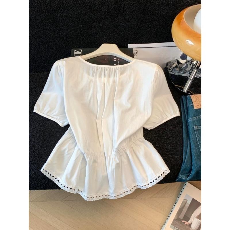 French Style Summer Women Sweet Blouse O Neck White Blue Bow Hollow Out Shirt Short Sleeve Elegant Feminine Ladies' Blouse