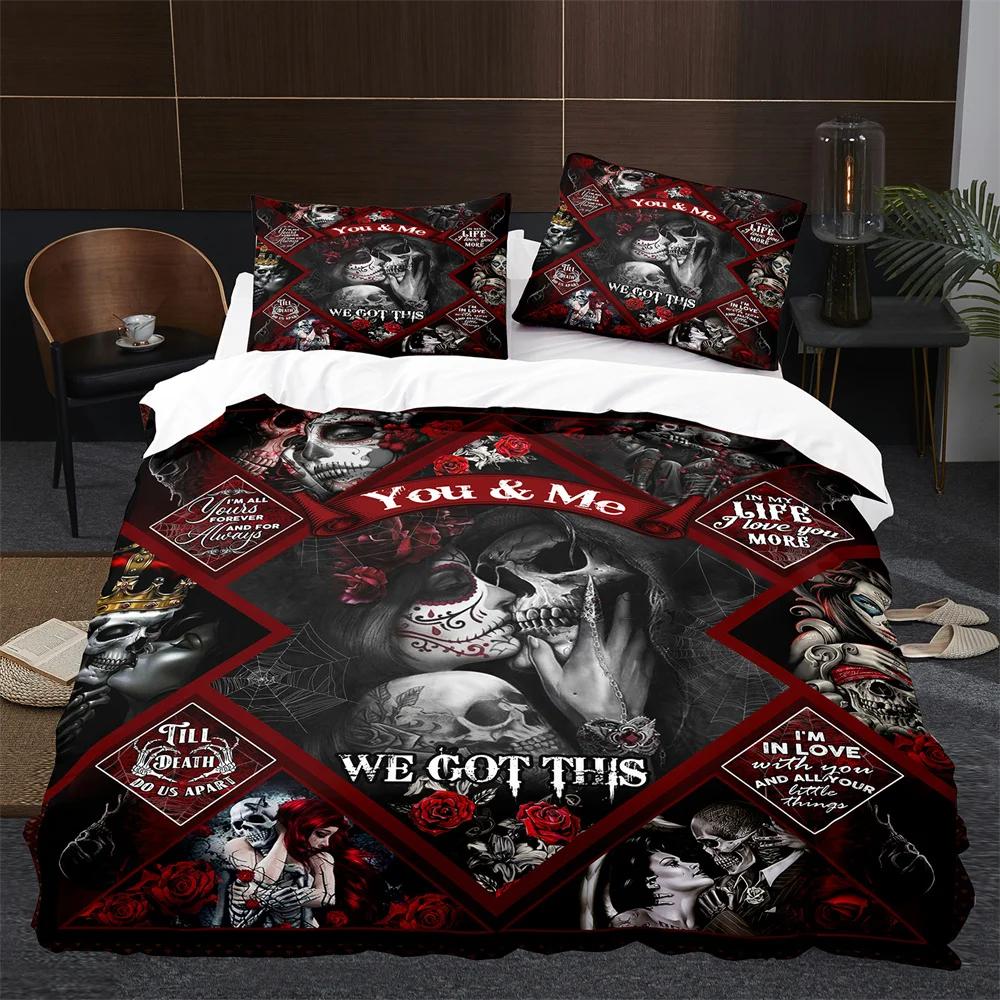 Sugar Skull King Queen Duvet Cover Gothic Skeleton Bones Floral Bedding Set Day Of The Dead Theme 2/3Pcs Polyester Quilt Cover