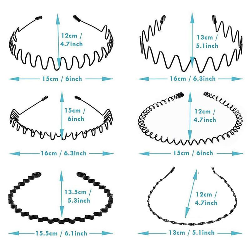 6pcs/Set Unisex Metal Headbands Wavy Hairband Hair Hoop Women Men Sport Hair Band Black Non Slip Simple Hair Accessories
