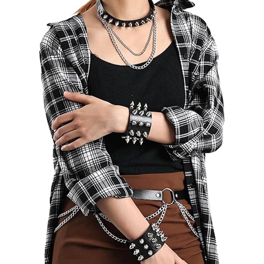 Pu Leather Nail Buckle Inlaid Bracelet Cuff Set Gothic Rivet Collar Wristband Puck Accessories For Men And Women Rock
