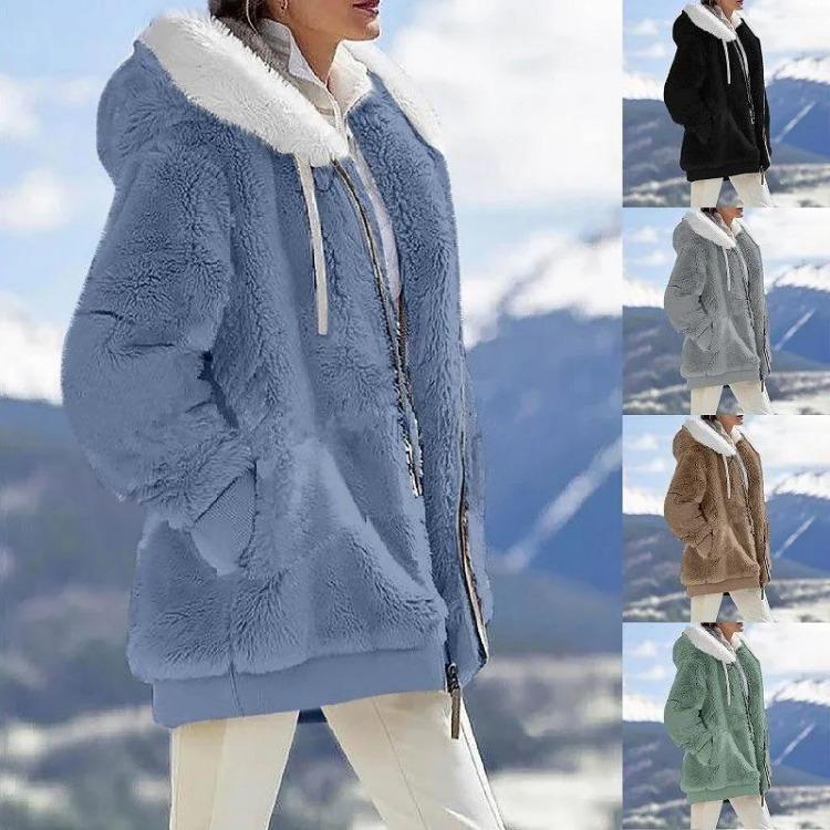 Giacca Casual da Donna in Pile con Cappuccio Cappotto Monocolore Caldo Cappotti in Cashmere Giacca con Zip Moda Abbigliamento Donna Autunno Inverno