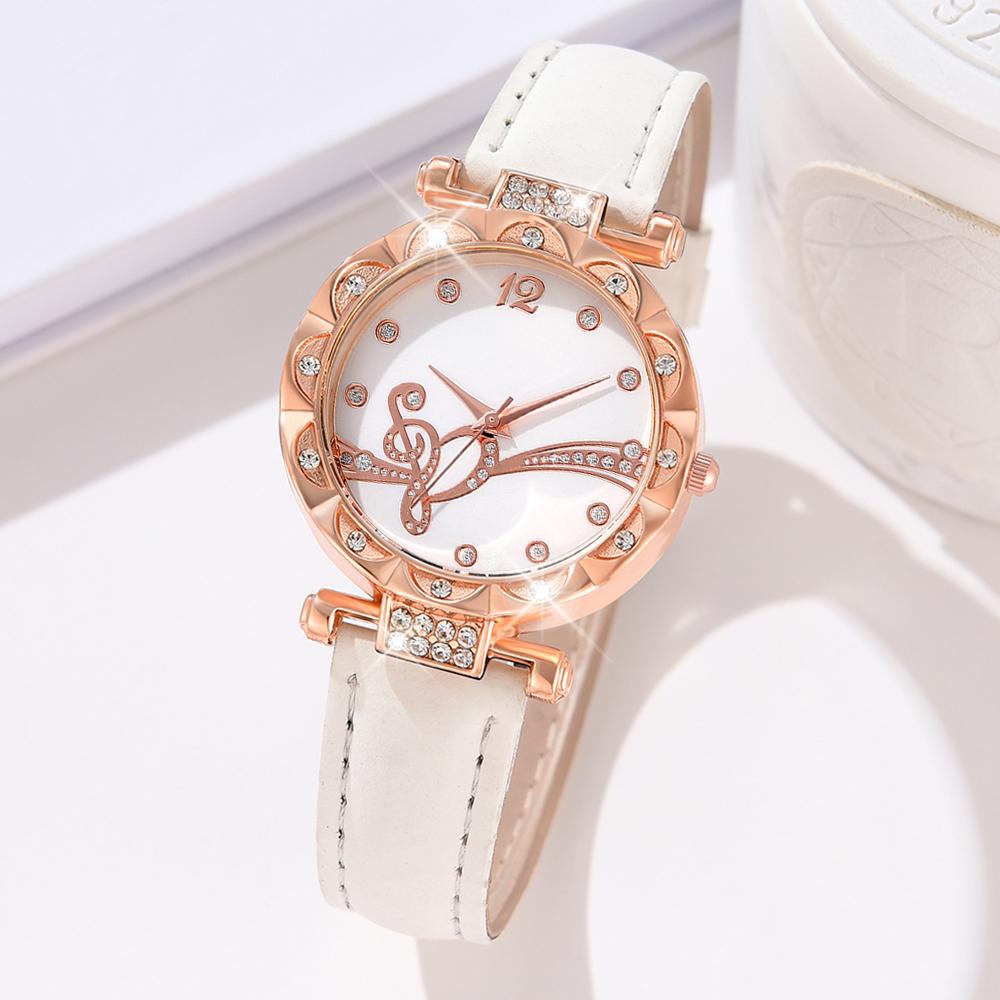 

Женские деловые часы с кожаным ремешком, кварцевые наручные часы со стразами белый