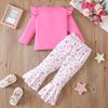 Kids Girls 2 Piece Outfit Spring Fall Long Sleeve Cartoon Cat Pullover Top Floral Flared Trousers Fashion Casual Children Clothing Set