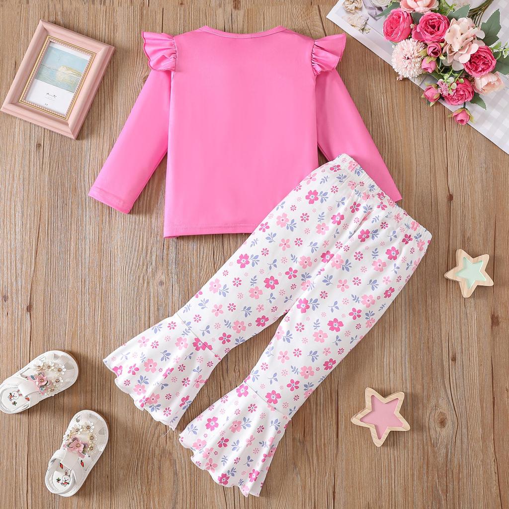 Kids Girls 2 Piece Outfit Spring Fall Long Sleeve Cartoon Cat Pullover Top Floral Flared Trousers Fashion Casual Children Clothing Set