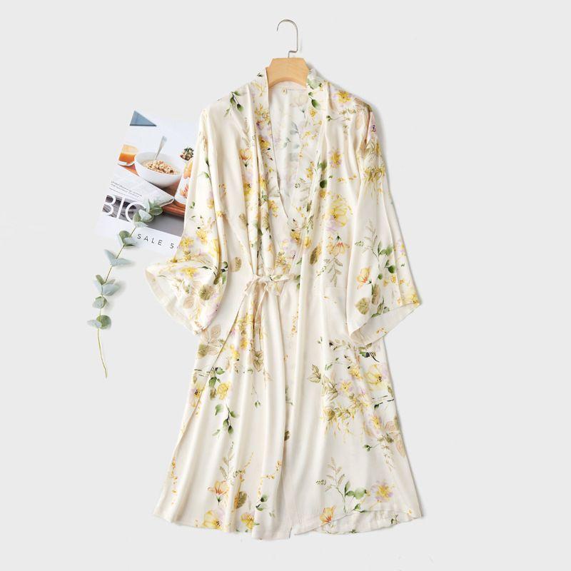 

Summer Ice Silk Feeling Thin Cotton Silk Short sleeve Trousers Floral Rayon Homewear Set Silky Satin V-neck Pajamas Women Kimono Skirt M [recommend 52.50 kg-60.00 kg]]
