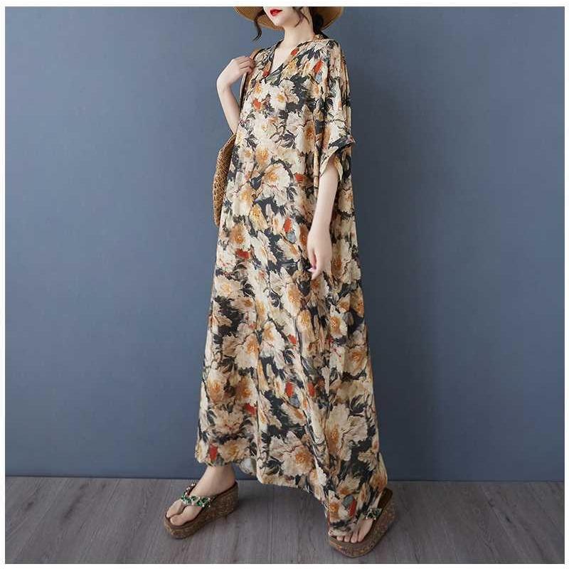 Women's Vintage Long Dress with Cotton and Linen Patterns