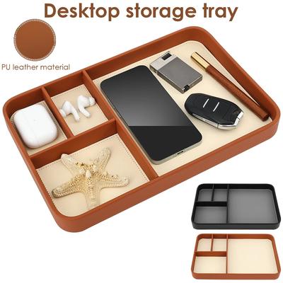 4-Compartment Storage Tray Stylish PU Leather Tray Multipurpose Bedside Desk Holder Decorative Entryway Tray for Phone Key Watch