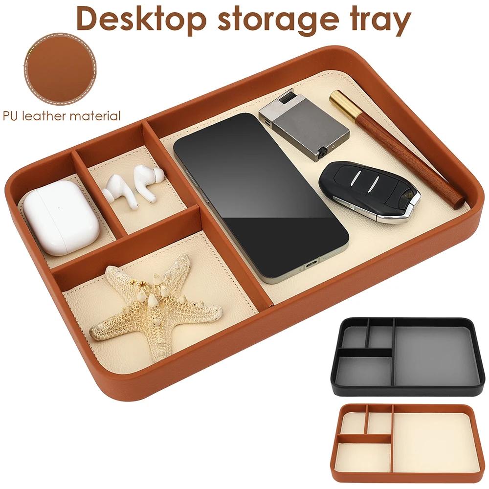 4-Compartment Storage Tray Stylish PU Leather Tray Multipurpose Bedside Desk Holder Decorative Entryway Tray for Phone Key Watch