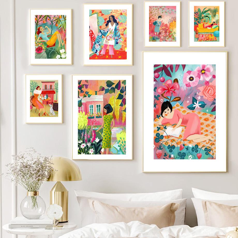 Wall Art Prints Canvas Painting Bohemia Colorful Vintage Abstract Girl Botanical Nordic Poster Decor Pictures For Living Room