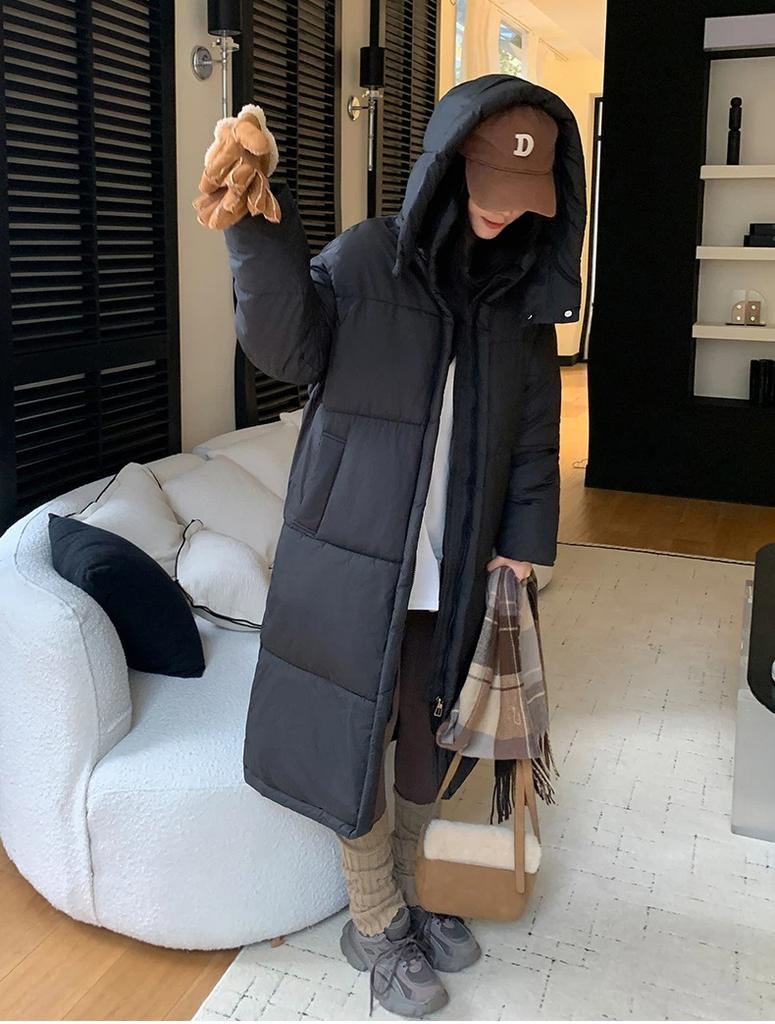 Damen Lange Kapuzenwinddichte Verdickte Warme Winterjacke mit Raglanärmeln