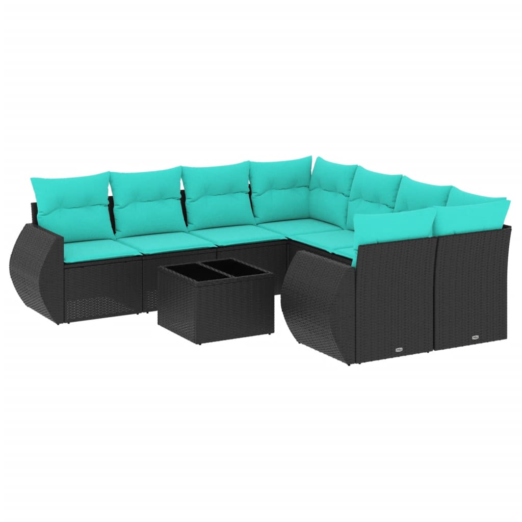 9 Piece Garden Sofa Set with Cushions Black Poly Rattan