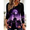 Women's Long Sleeve Crew Neck Halloween Black Cat Print Casual T-Shirt, Regular Tops for Spring Summer Daily Weekend Wear