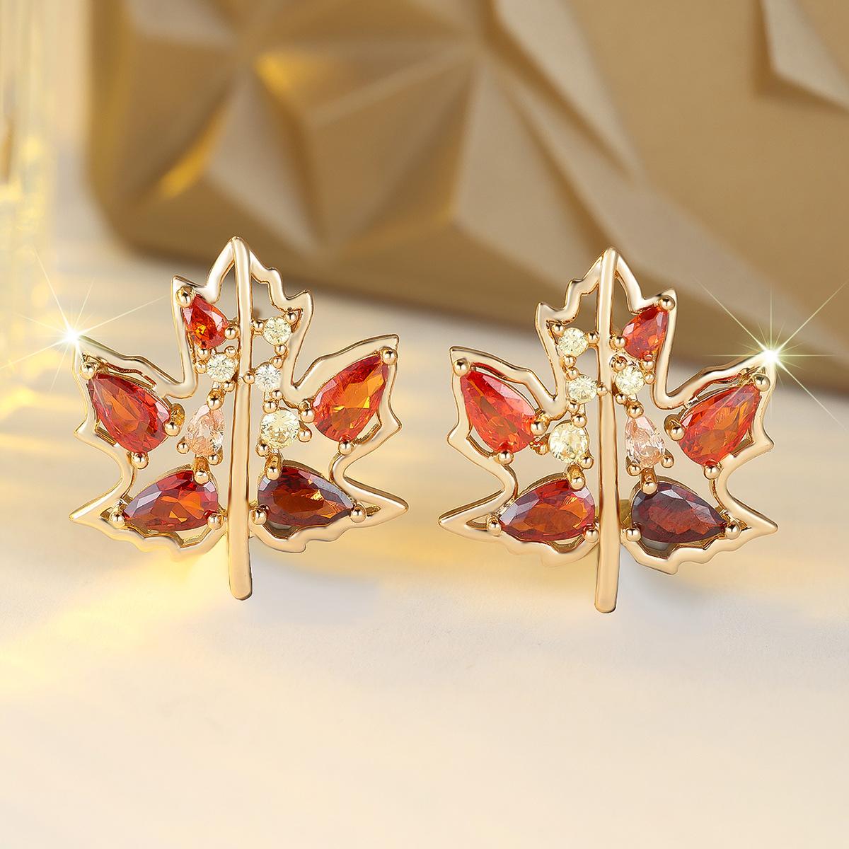 Hot-selling blade shape red diamond inlaid stud earrings, elegant intellectual simplicity basic earrings