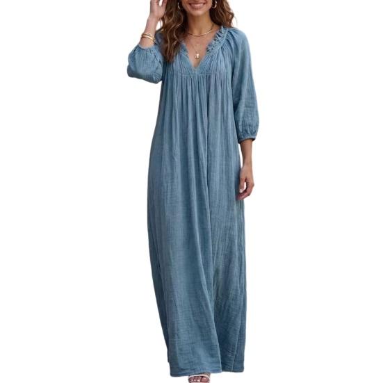 Bohemian Inspired Dress Ruffle V-Neck Long Dress, 3/4 Sleeves Maxi for Comfortable Women Dresses Women, Solid Color Casual Loose Spring Fall