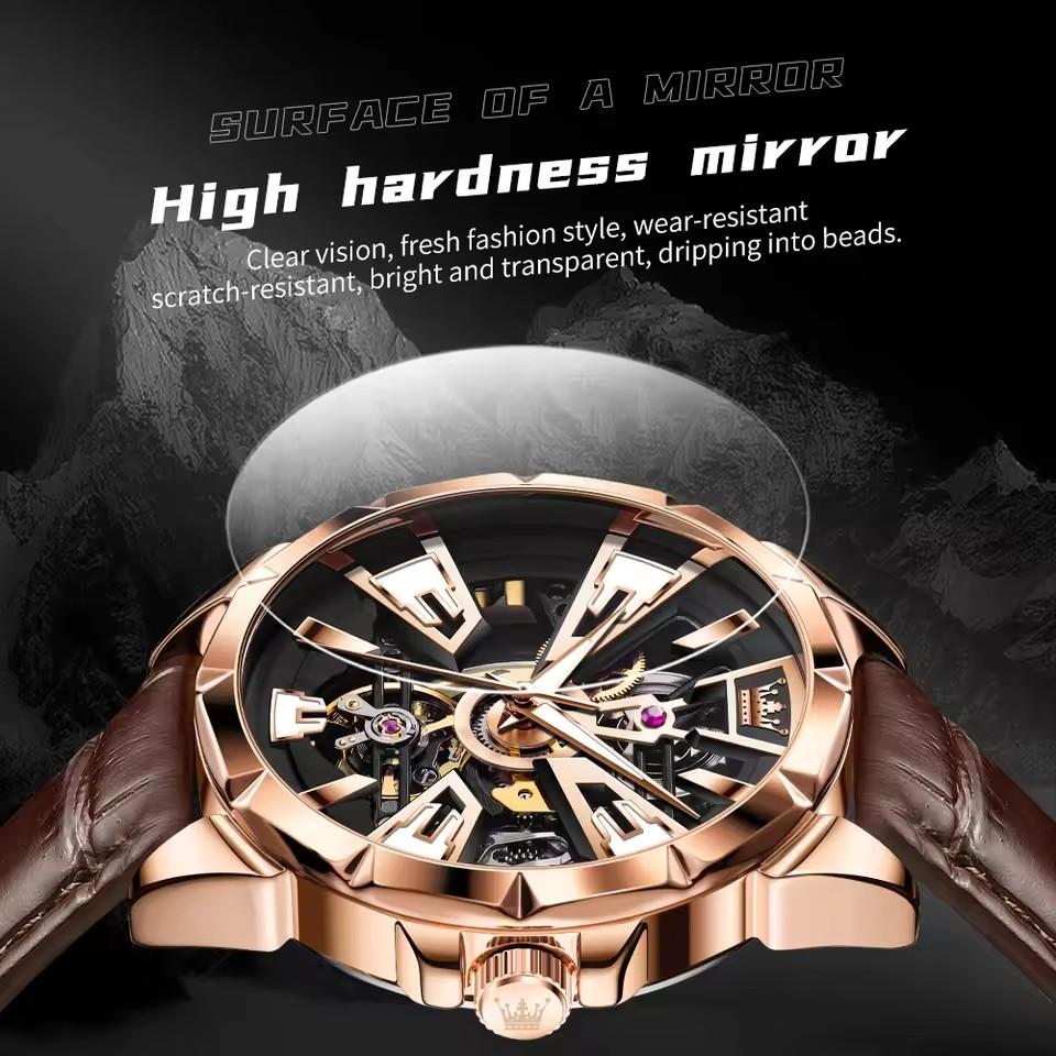 OLEVS 7051 Fashion Hollow Men's Watches Brown Leather Strap Waterproof Automatic Mechanical Wristwatch Luxury Man Watch New