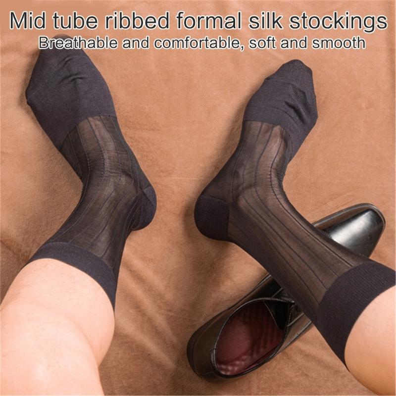 Mens Business Soft Breathable Nylon Sheer Dress Socks Thin See Through Silk Ribs Striped Calf Socks for Formal Use