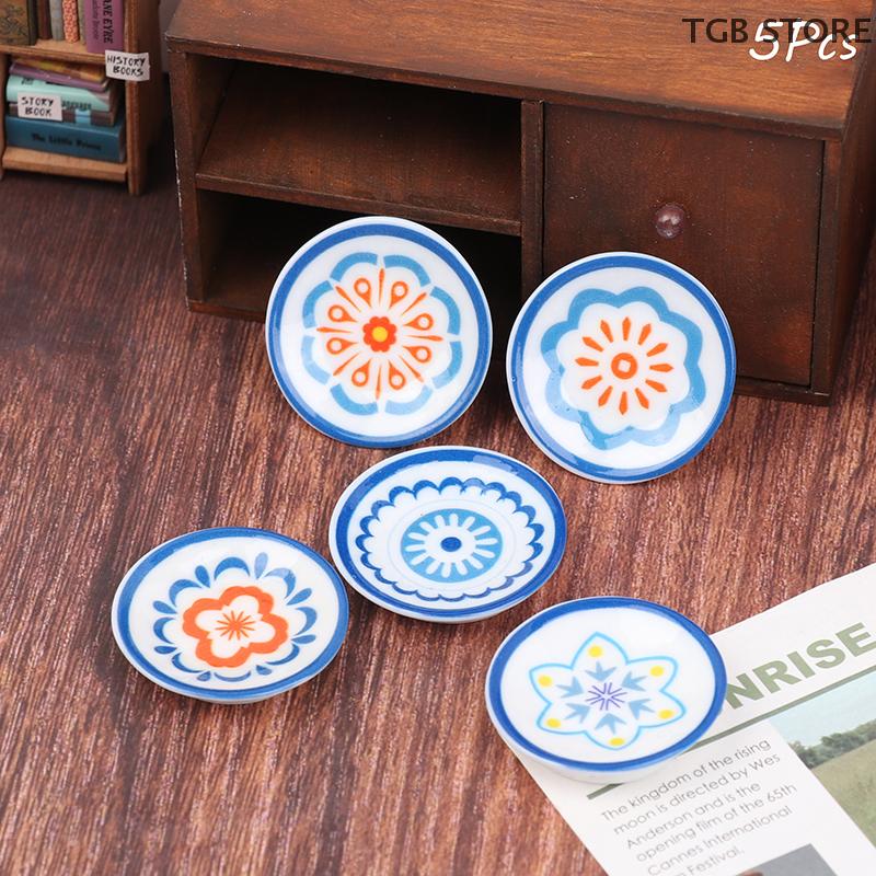 5Pcs 1:12 Simulation White Blue Porcelain Plates Kitchen Decoration Dollhouse Accessories Pretend Play Toy