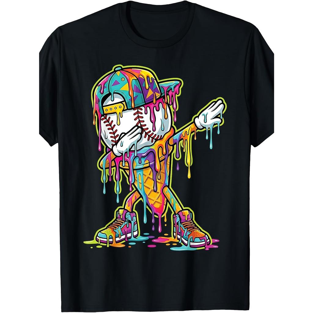 Cotton Retro Baseball Drip Tshirt Ice Cream Drip Pattern Round Neck Casual Electric Butt Dance Pose Graphic T Shirts
