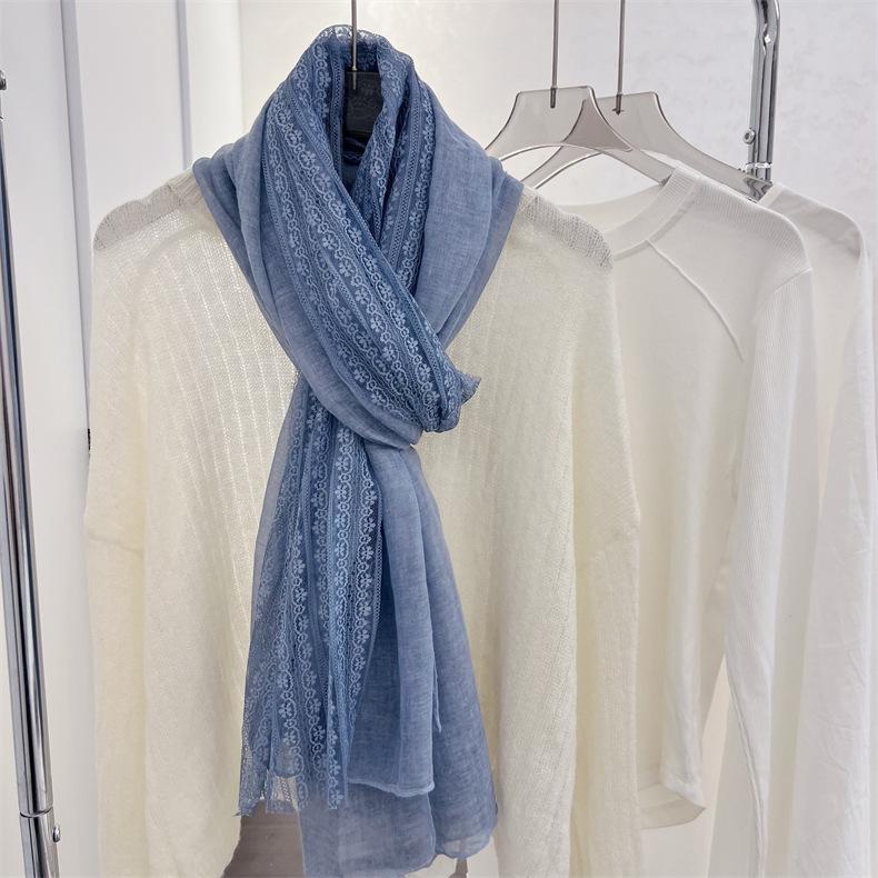 Korean Style Literary Linen Color Cotton Linen Thin Scarf Fashionable Women's Outer Shawl Spring and Summer Fashionable Solid Color Lace Scarf