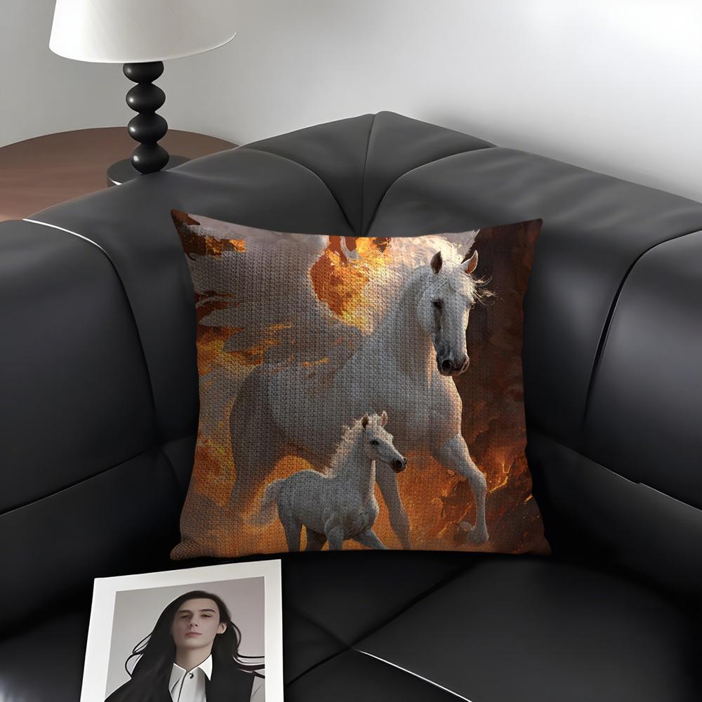 White Horse Luxury Cushion Cover Natural Linen Organic Fabric DoubleSided Printing Sofa Home Decor Gift Pillow Case