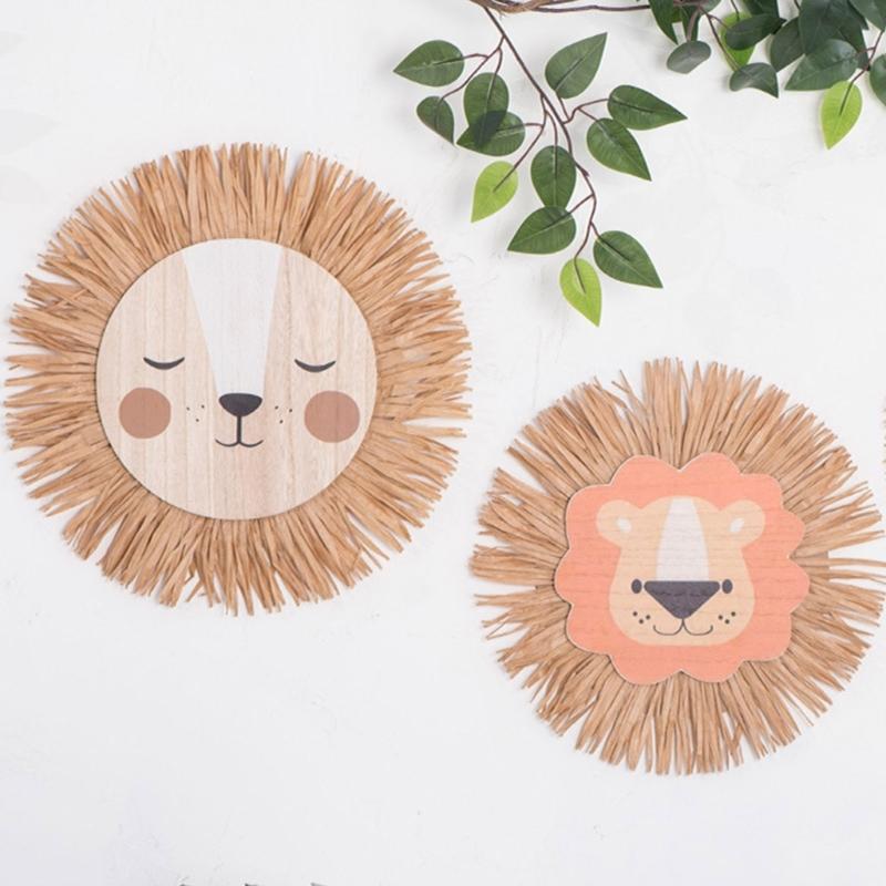 Cartoon Lions Hangings Decorations Creative Animal Head Ornament Handwovens Raffias Wall Decors for Farmhouses Bedroom Home