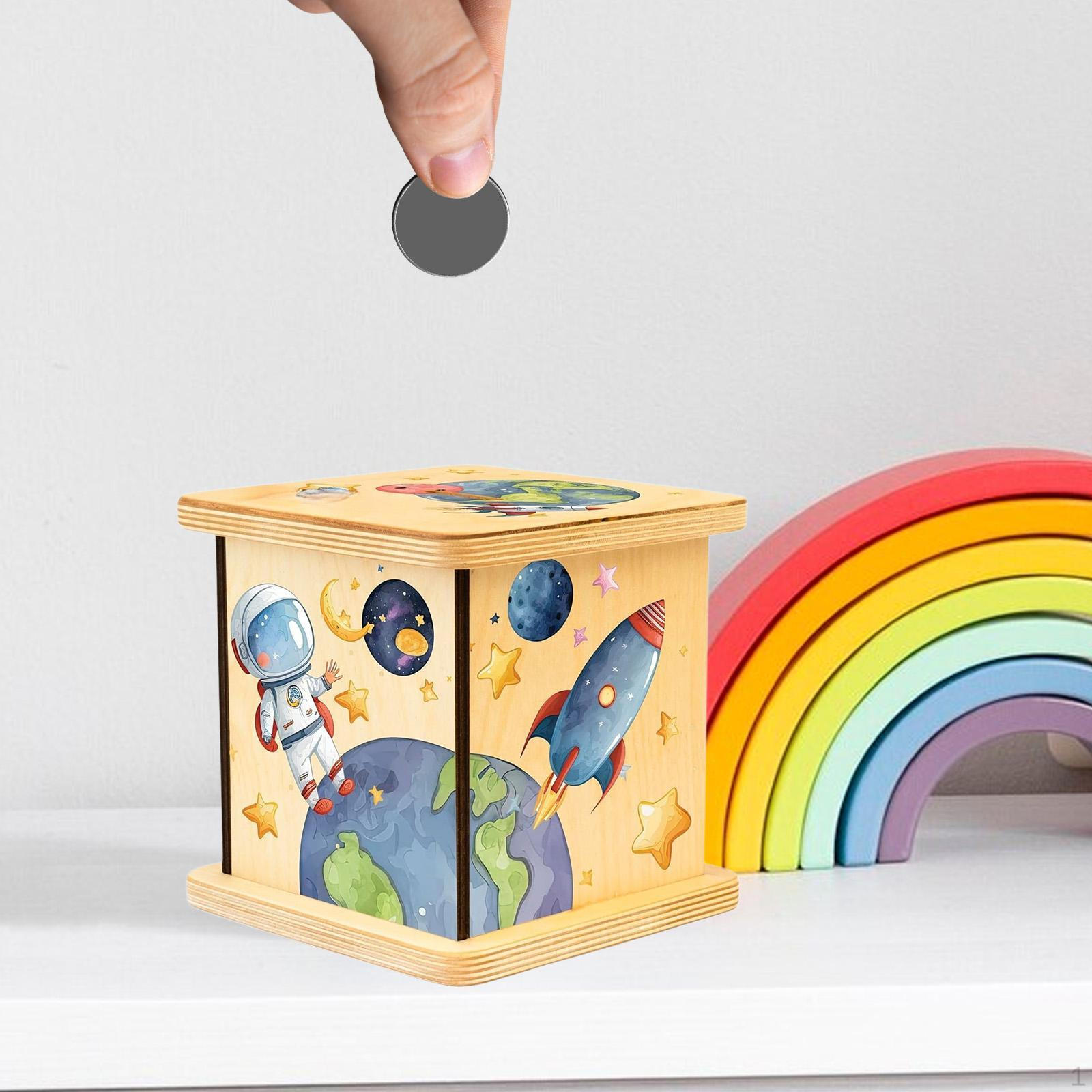 

Wooden Piggy Bank Money Saving Box Container Case Ornament Organizer Square for Home Astronaut