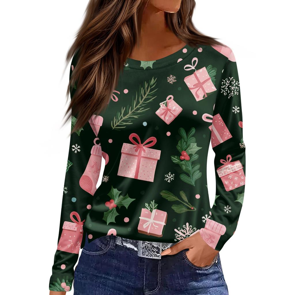 Damski codzienny top z długim rękawem z nadrukiem z okrągłym dekoltem