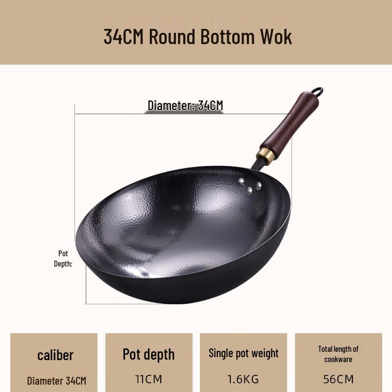 Traditional Forged Cast Iron Wok with Wooden Lid