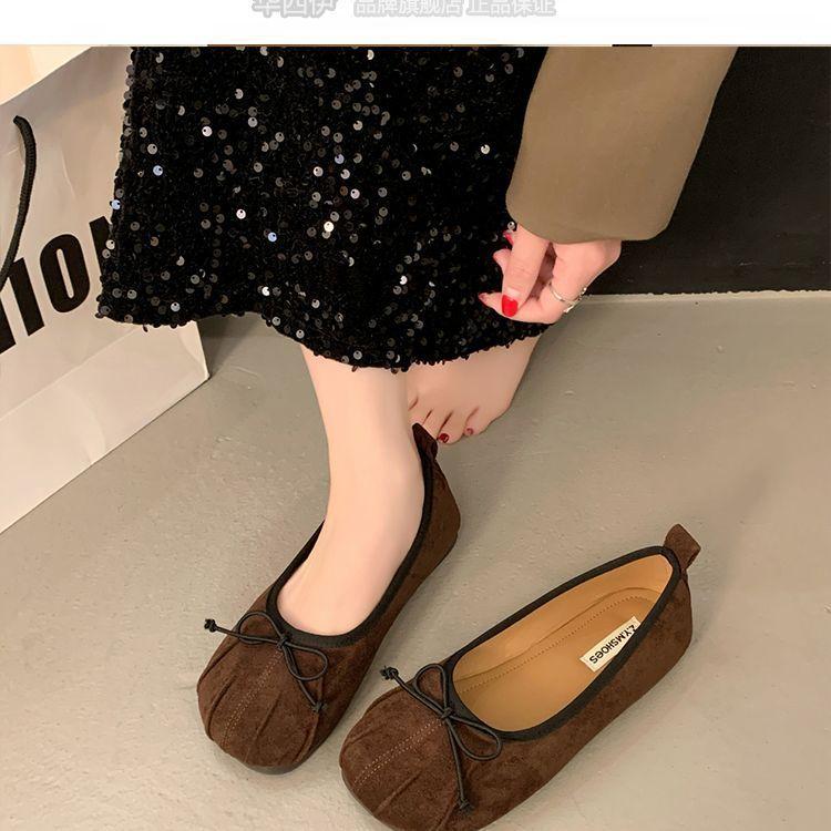 French retro suede light mouth single shoes women's 2025 early spring new shoes flat bow ladyshoes Doudou shoes
