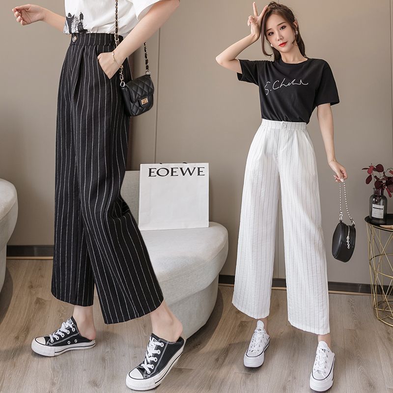Summer Thin Wide Leg Pants Women's High Waist Nine-Tenths Straight Pants Spring Autumn Loose Stripe Trousers Blazer Pants