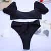 Women bubble sleeve bikini one neck swimsuit solid color sexy backless high elastic high waist tied bikini swimsuit
