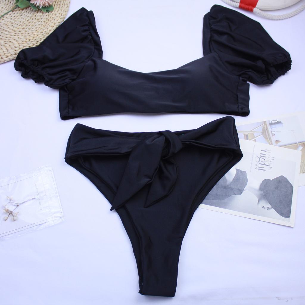 Women bubble sleeve bikini one neck swimsuit solid color sexy backless high elastic high waist tied bikini swimsuit