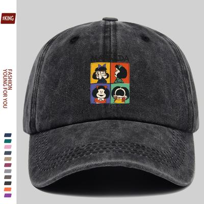 Simple Cartoon FourGrid Printed Washed Vintage Soft Top Sunshade Baseball Cap Unisex Versatile Baseball Cap