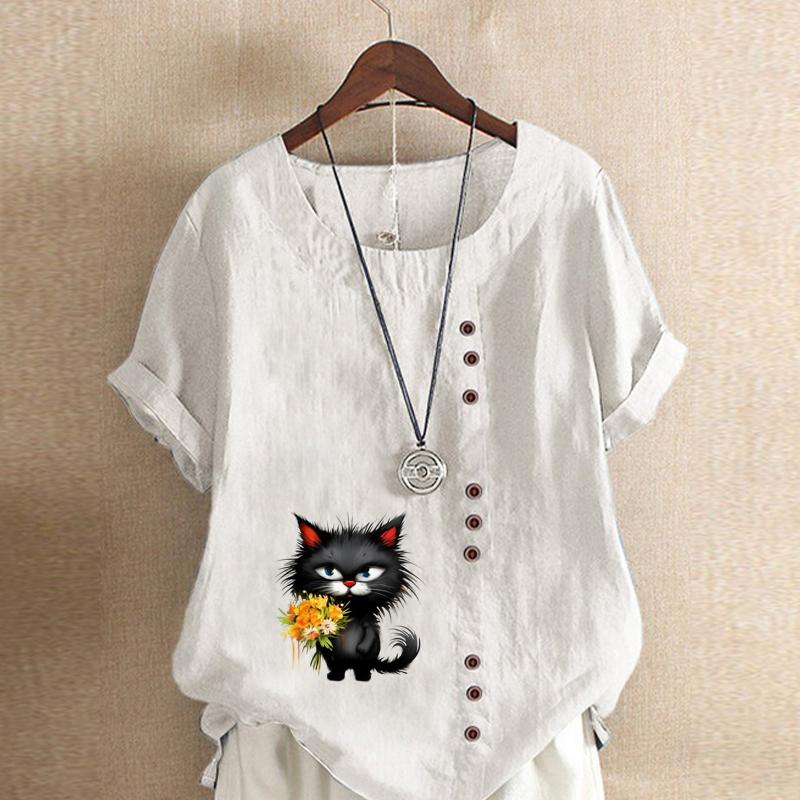 

Женская модная футболка с коротким рукавом и принтом в виде цветка и черного кота, свободная хлопковая рубашка, повседневная свободная летняя блузка, топы больших размеров 5XL белый