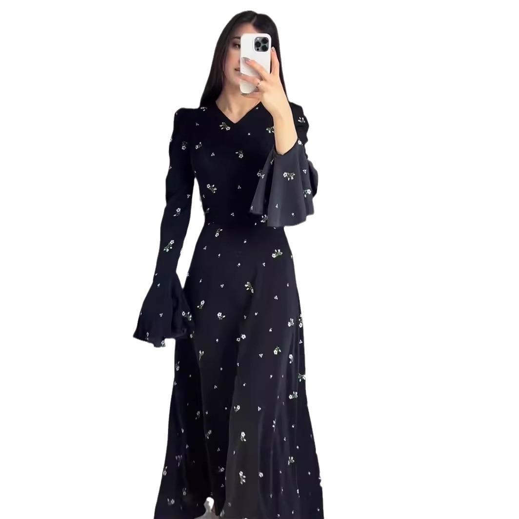 

Ближний Восток Весна Новое Лотос Рукав Талия Цветочное Нежное Платье Платье XXL чёрный