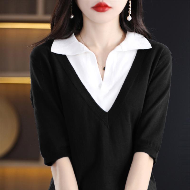 

Футболка женская летняя из чистого хлопка, двухслойная, с воротником поло, контрастный пуловер, вязаный свитер, хлопок лен, с V-образным вырезом, с коротким рукавом XXXL