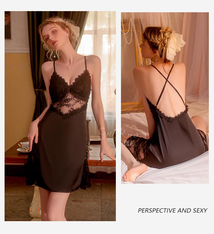 Satin Backless Lace Nightgown with Padded Deep V & Tie-Waist Robe Set