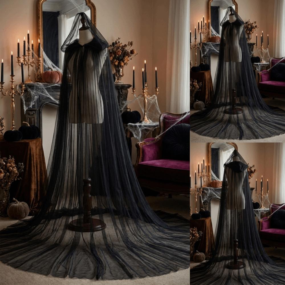Einfarbige Halloween Kapuzen-Tüllumhang Weich Cosplay Brautkostüm Vintage Netzumhang Hochzeit