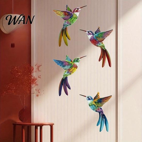 2D Acrylic Bird Art 4 Pcs Hummingbird Wall Colorful Garden Birds Sculpture Outdoor Fence Nature-inspired Decoration Hanging Ornaments for Yard Living