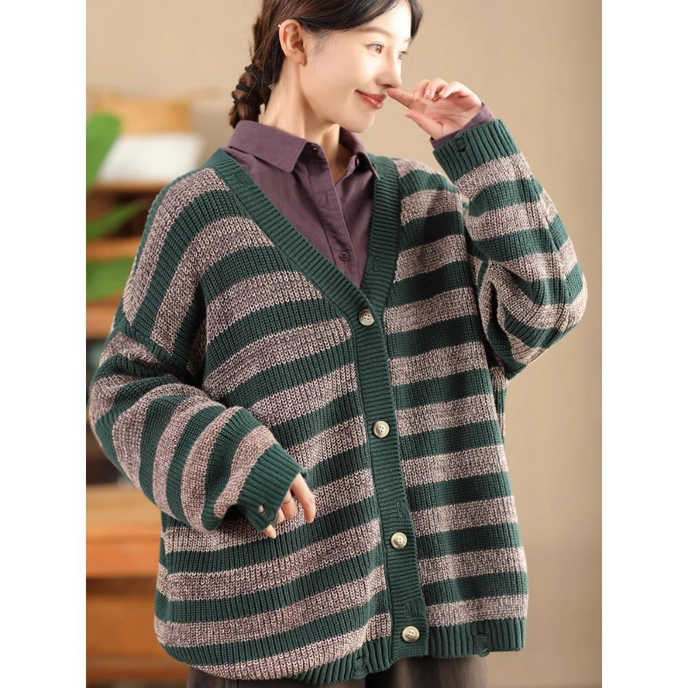 DIMANAF 2025 Winter New Striped Cardigan Jacket Women Sweaters Coat Wadded  Knitting Pockets Sweater