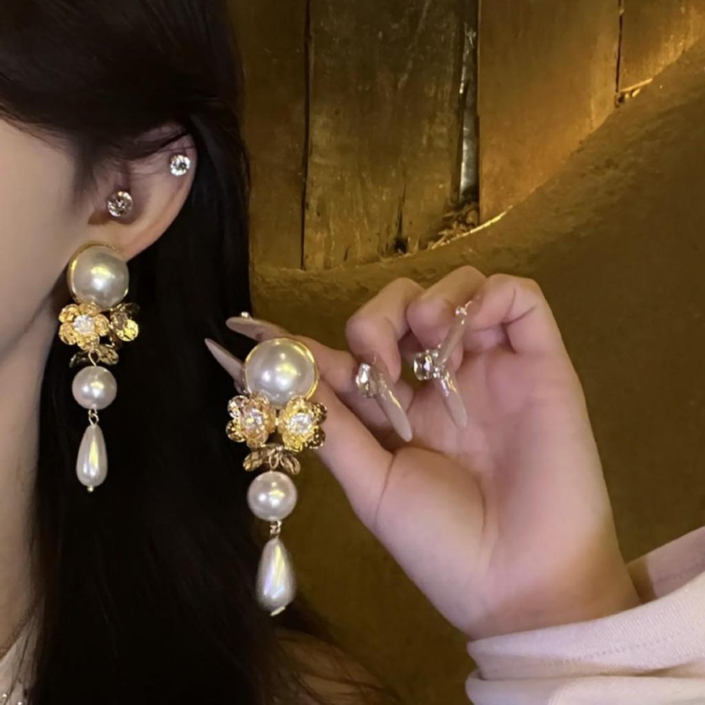 French Silver Needle Geometric Pearl Tassel Earrings - Luxurious Fashion Earrings with High-End Design