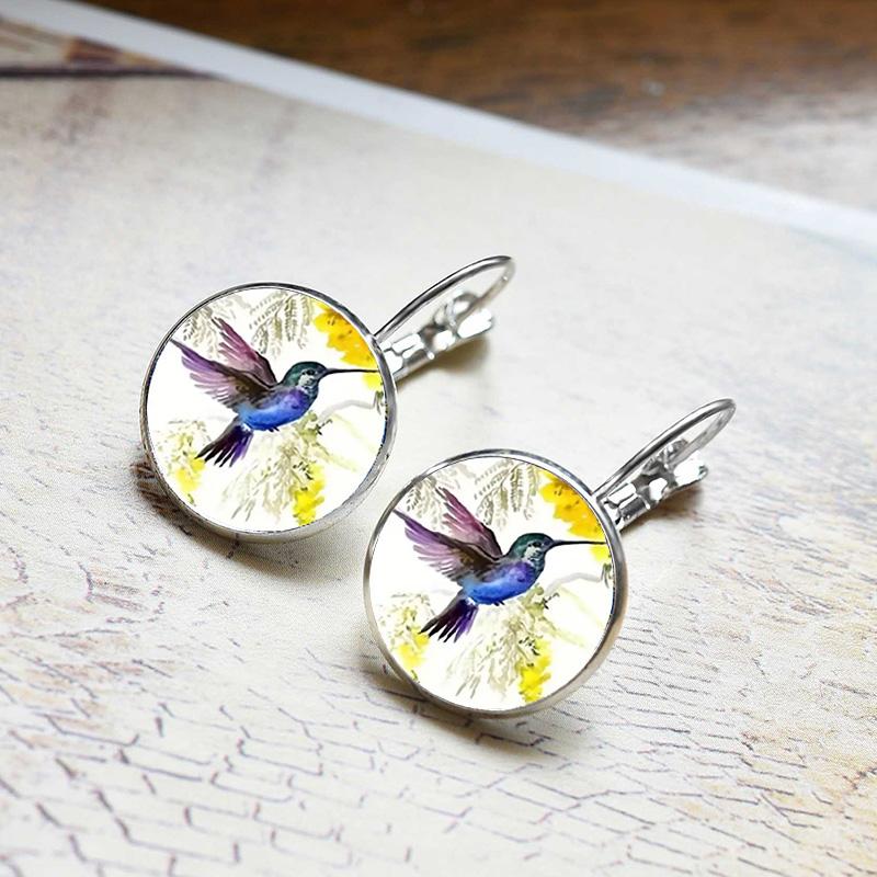 Fashion Hummingbird Glass Dome Cabochon Earrings For Women Rainforest Bird Jewelry Accessories